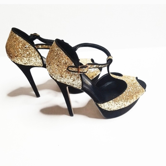 Aldo Shoes - Aldo “Loveless” Glitter Sequin Platform Heels Sandals Black Gold